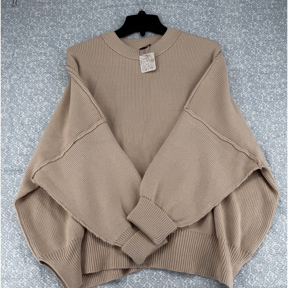 Free People Easy Street Tunic Sweater Tan Beige Ribbed Knit Oversized Medium NWT